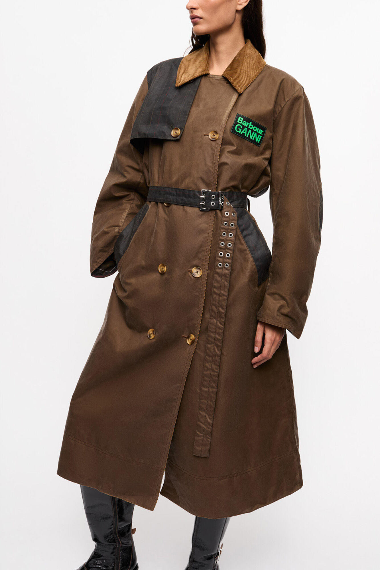GANNI x Barbour Waxed Trench Coat, Organic Cotton, in colour Teak - 3 - GANNI