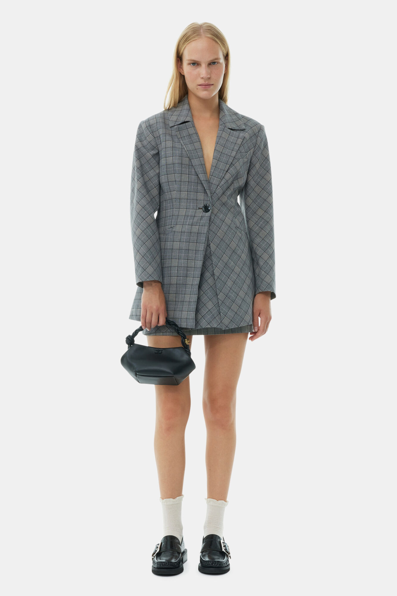 Grey Checkered Fitted Blazer, Elastane, in colour Frost Gray - 2 - GANNI