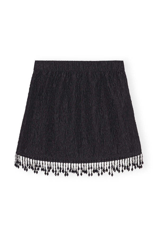 Jacquard Organza Bead Fringe Mini Skirt, Black