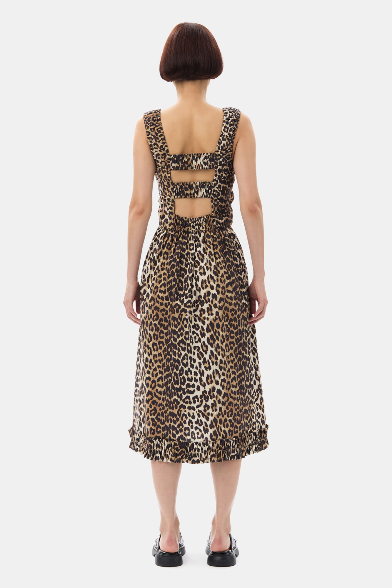Leopard Printed Cotton Poplin Midi Strap Smock Dress, Cotton, in colour Leopard - 4 - GANNI