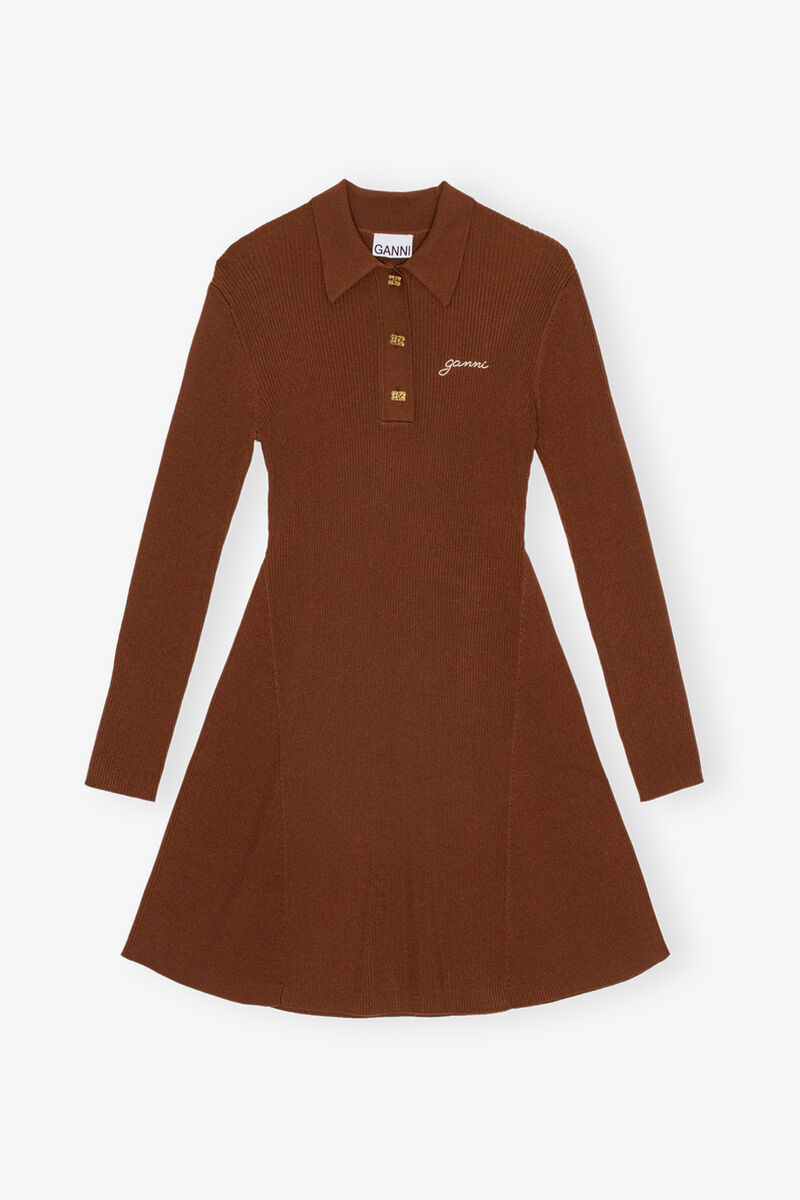 Brown Future Viscose Rib Mini Dress, Elastane, in colour Madder Brown - 1 - GANNI
