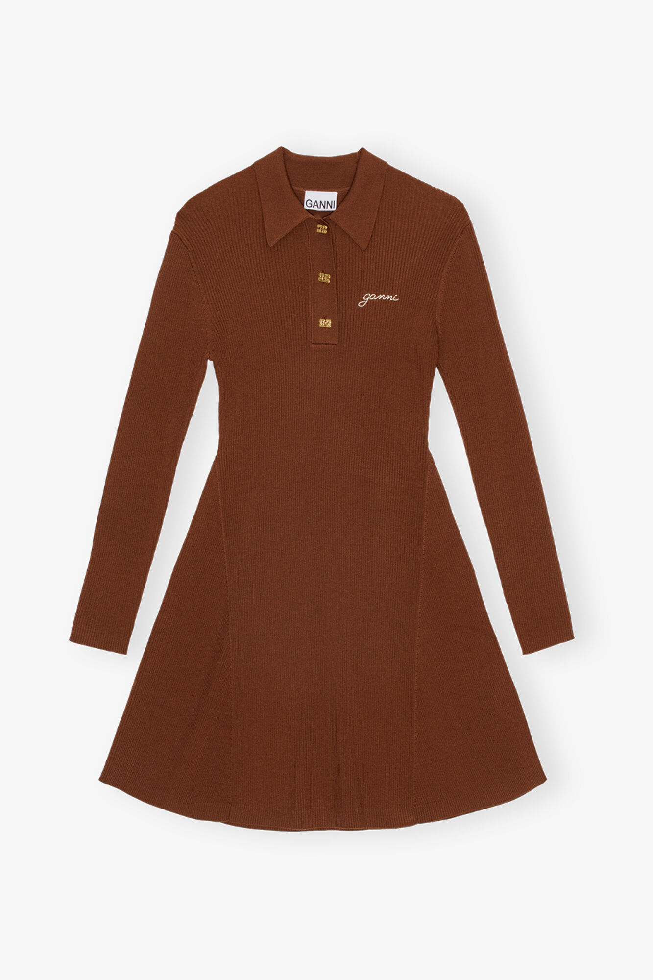 Brown Future Viscose Rib Mini Dress, Elastane, in colour Madder Brown - 1 - GANNI