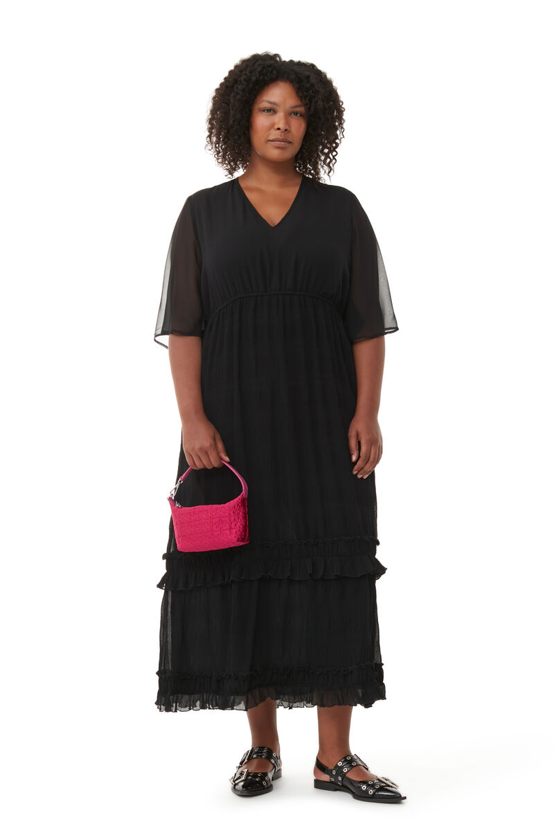 Black Pleated Georgette Maxi Dress, Recycled Polyester, in colour Black - 5 - GANNI