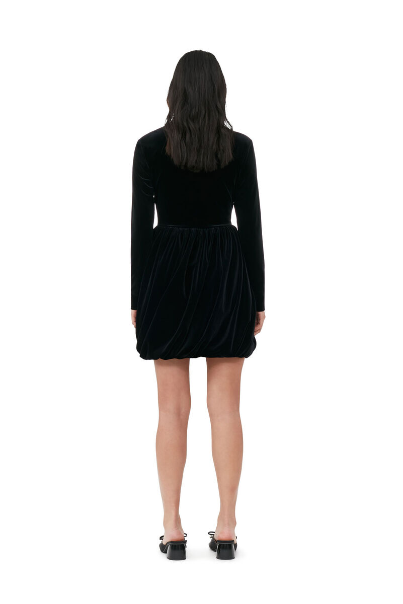 Black Velvet Jersey Balloon Mini Dress, Recycled Polyester, in colour Black - 3 - GANNI