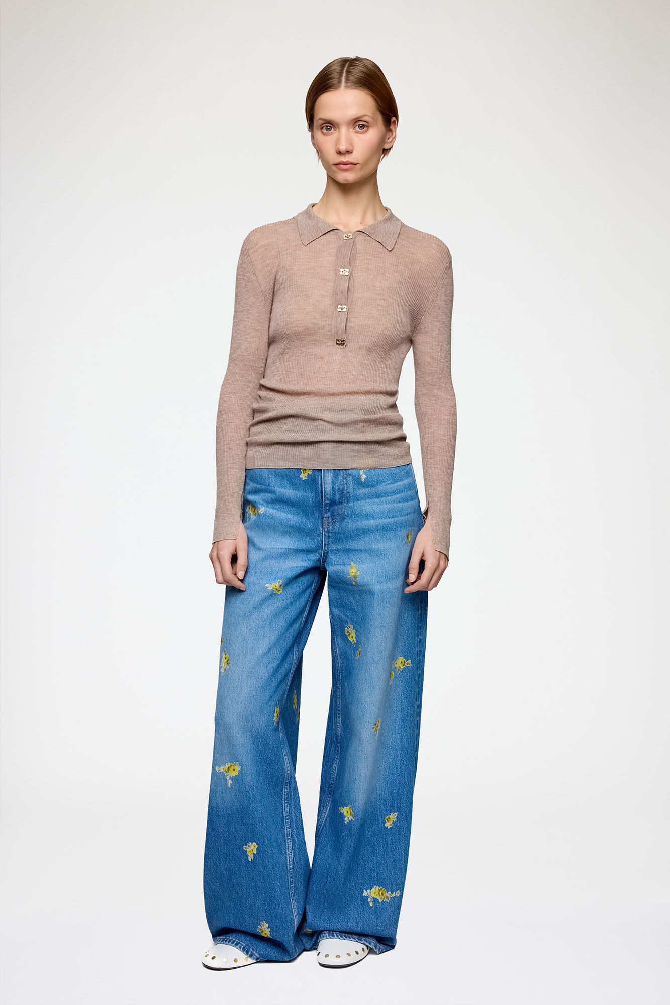 Polo Shirt in Sheer Wool, Wool, in colour Safari - 1 - GANNI