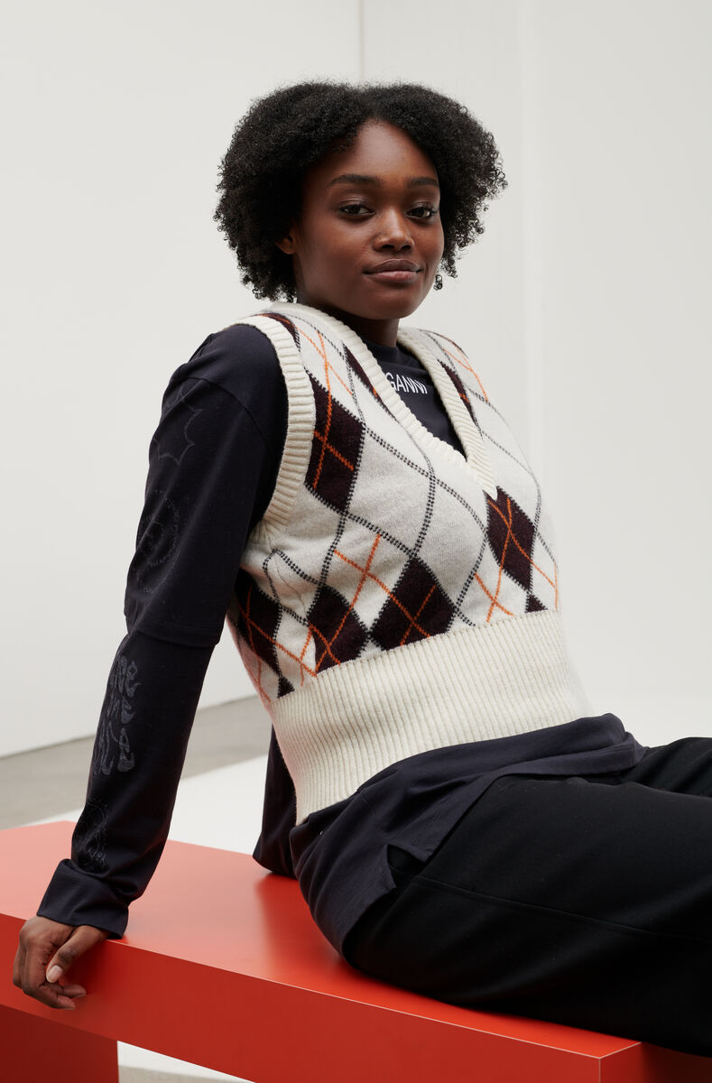 Harlequin Knit V-Neck Vest, Polyamide, in colour Egret - 5 - GANNI