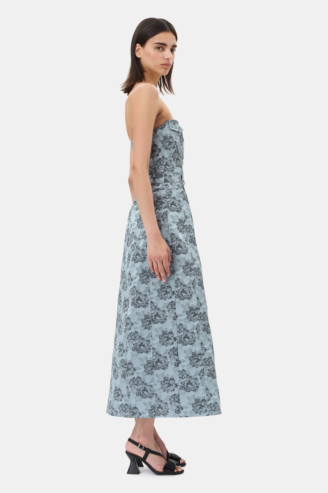 Blue Floral Jacquard Long Corsage Kjole, Polyamide, in colour Illusion Blue - 3 - GANNI
