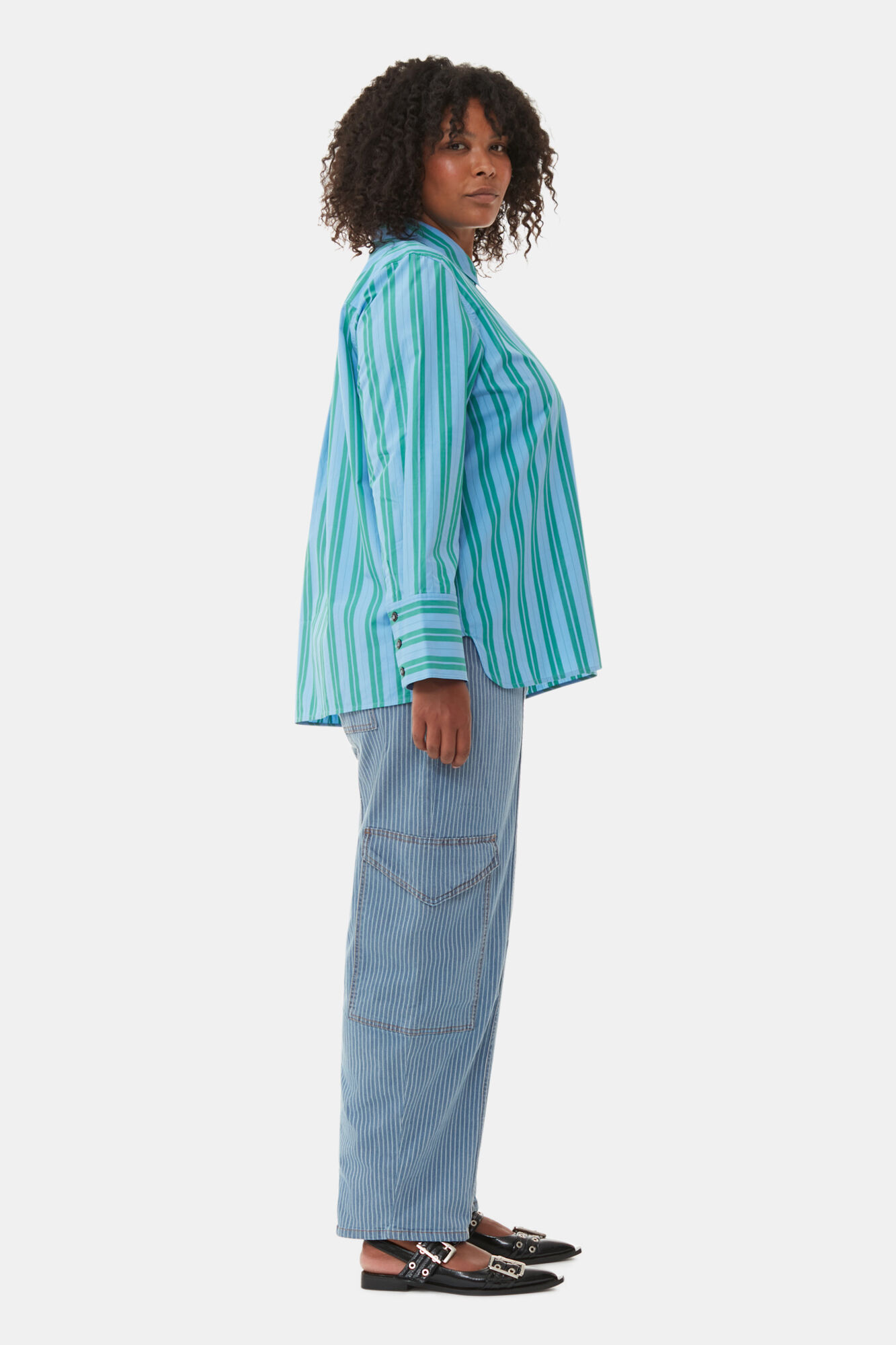 Re-cut Striped Cotton Shirt, Cotton, in colour Silver Lake Blue - 7 - GANNI