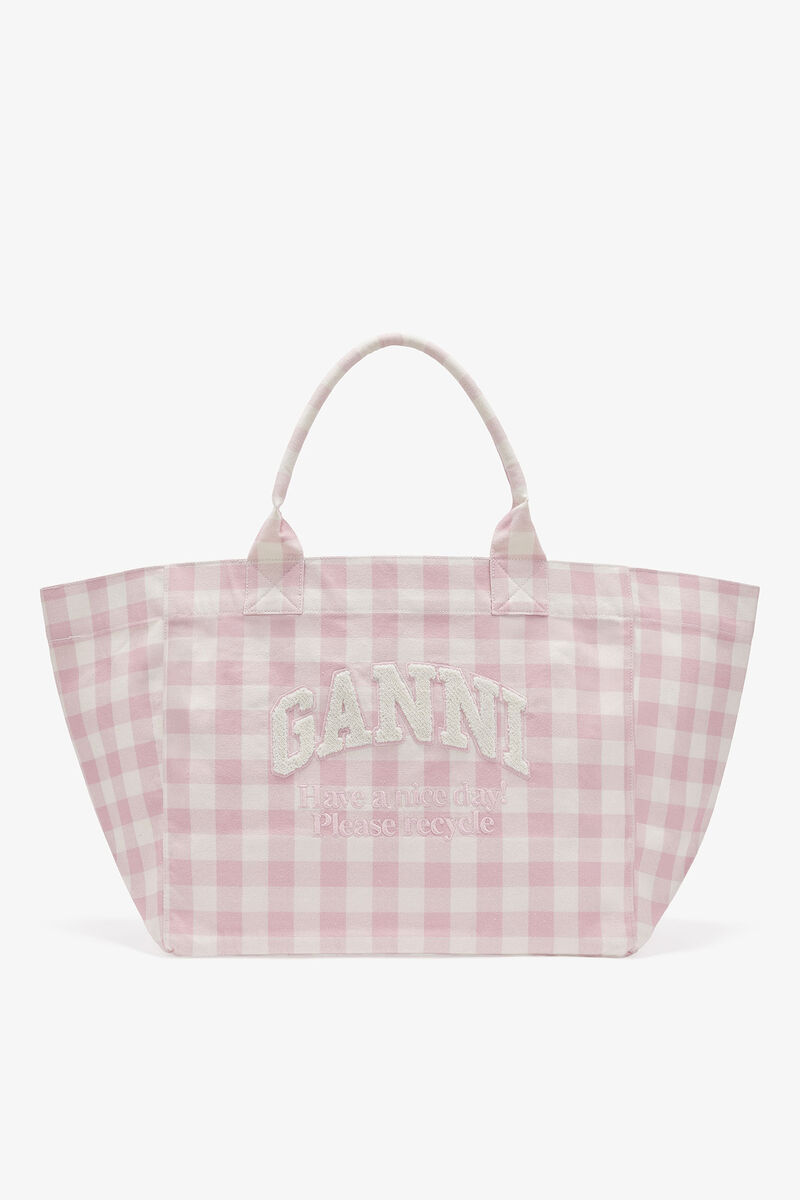 Tote XXL à carreaux vichy, Recycled Cotton, in colour Bleached Mauve - 1 - GANNI