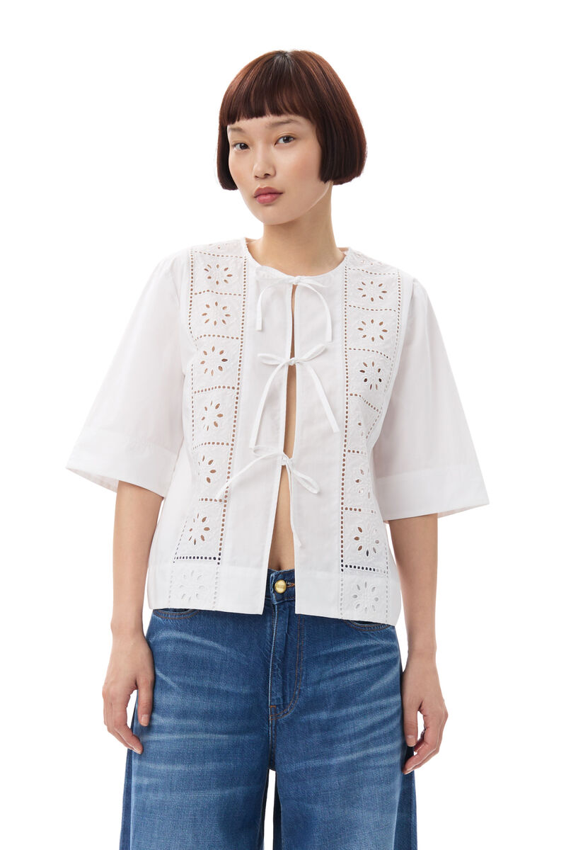 White Broderie Anglaise Tie Blouse, Cotton, in colour Bright White - 1 - GANNI