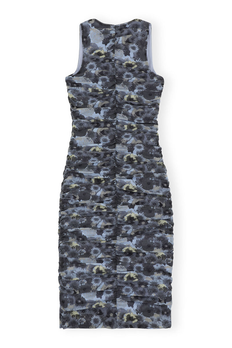Orange Printed Ruched Mesh Midi Dress, Recycled Nylon, in colour Brunnera Blue - 2 - GANNI