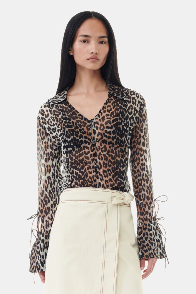 Leopard Printed Chiffon Slim Shirt, Almond Milk