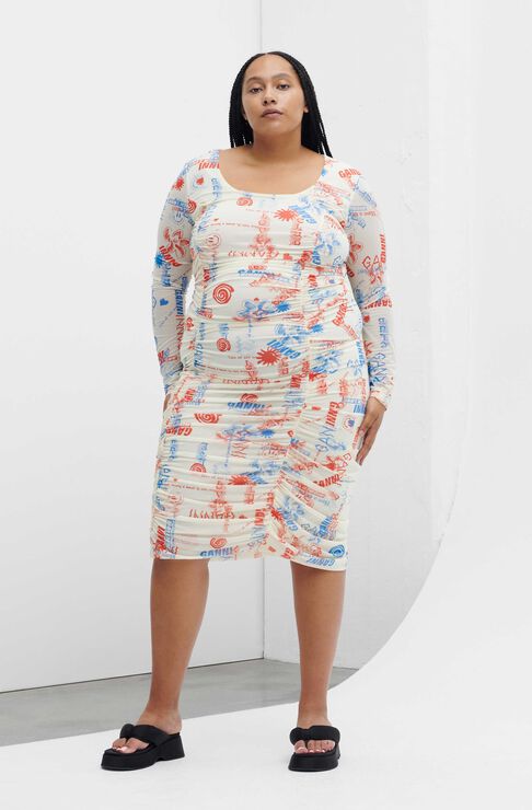 Ganni Ruched Mesh Midi Dress Egret Size 32 In Egret