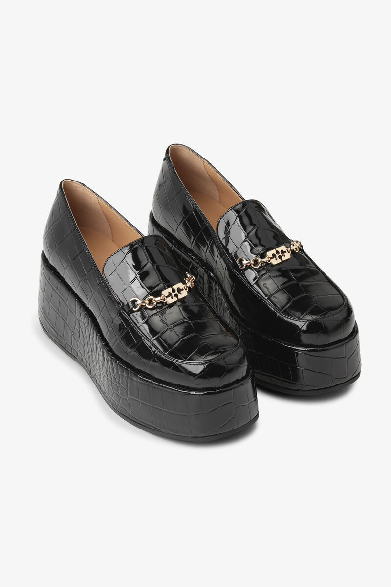 Black Patent Croco Butterfly Chain Platform Loafers, Polyester, in colour Black - 2 - GANNI
