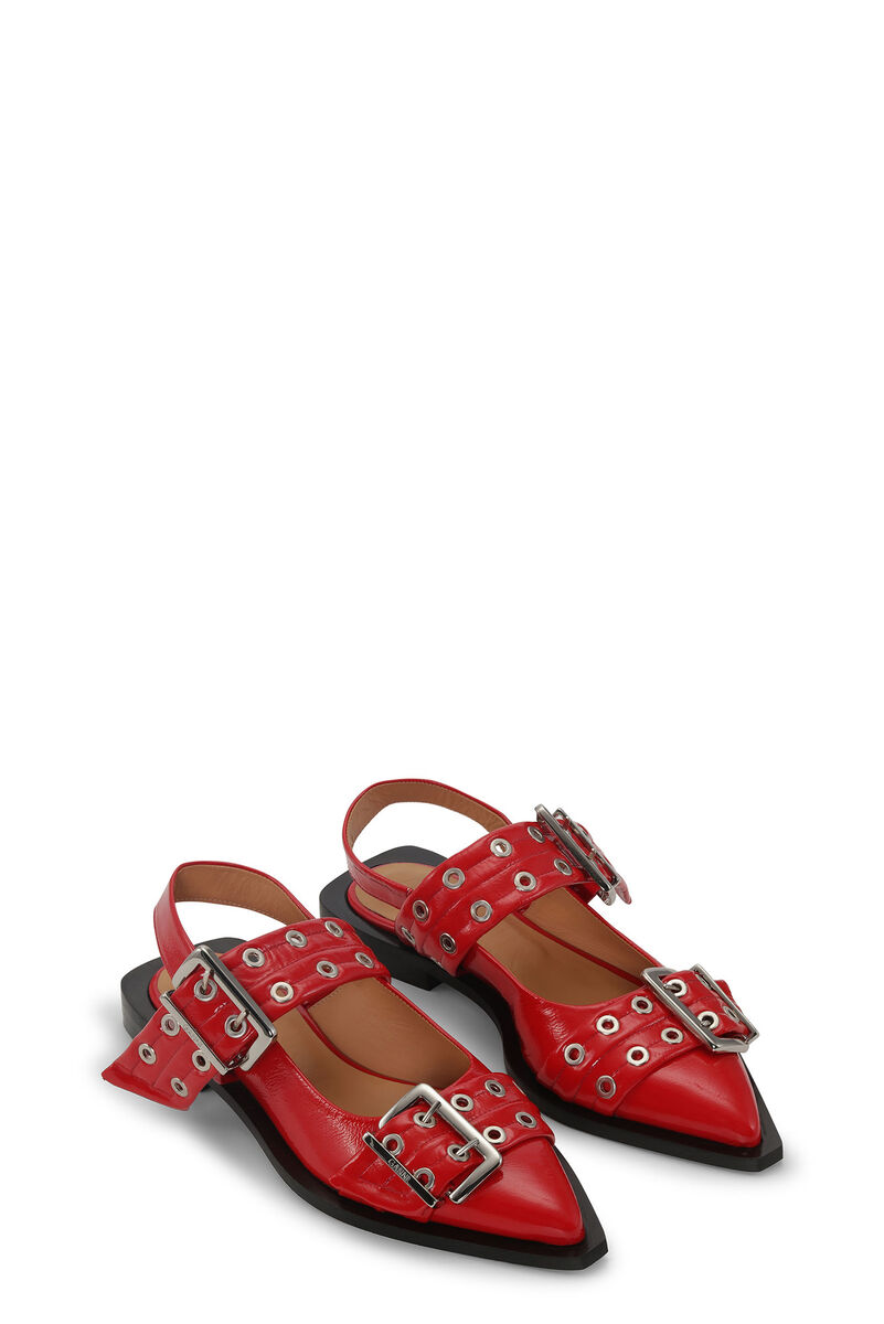 Red Wide Welt Buckle Ballerinas, Polyurethane, in colour Racing Red - 3 - GANNI