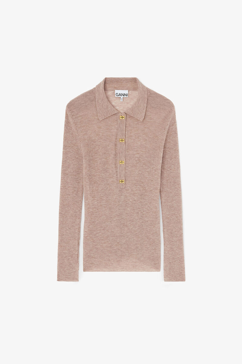 Polo Shirt in Sheer Wool, Wool, in colour Safari - 1 - GANNI