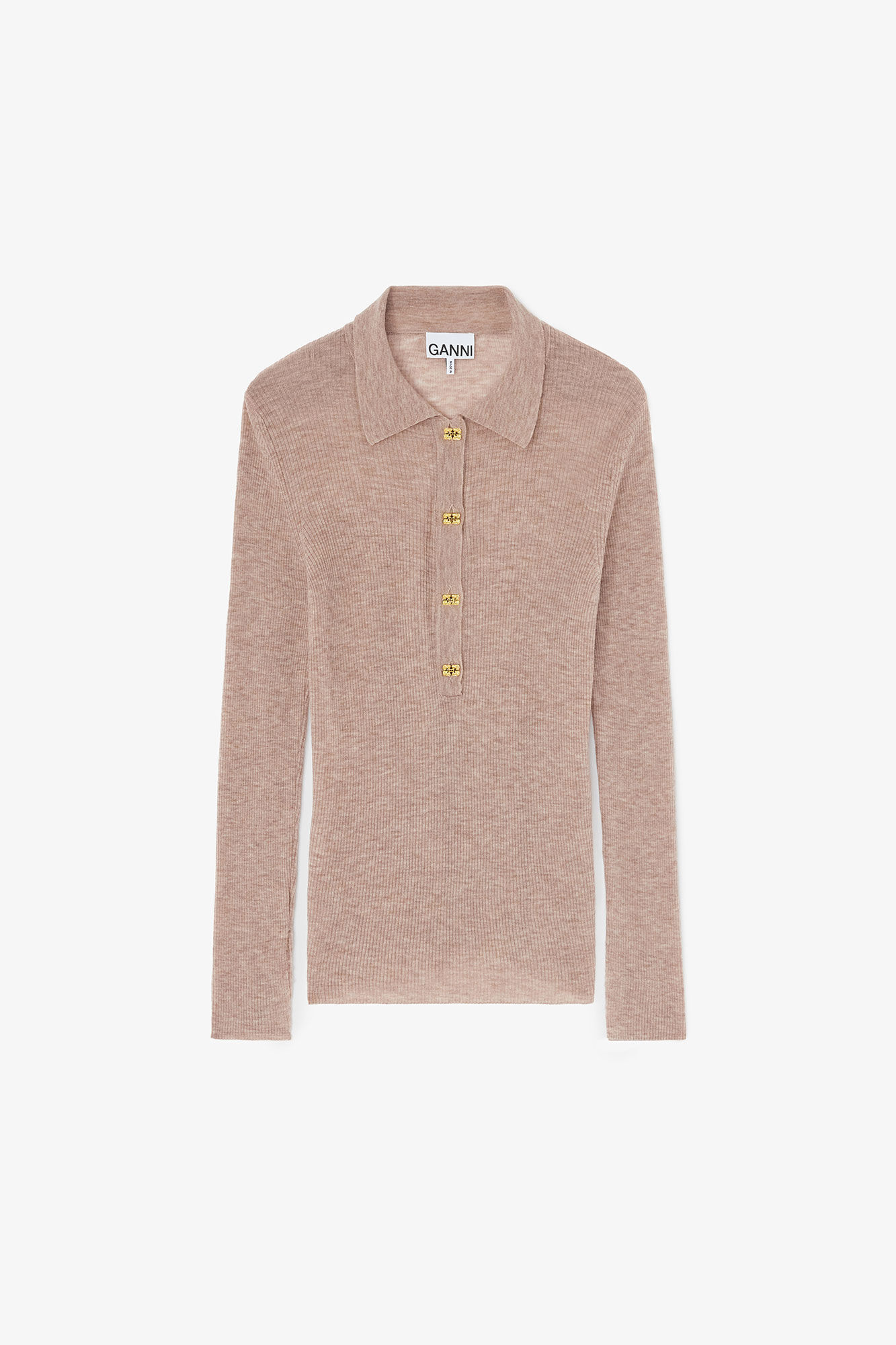 Polo Shirt in Sheer Wool, Wool, in colour Safari - 1 - GANNI