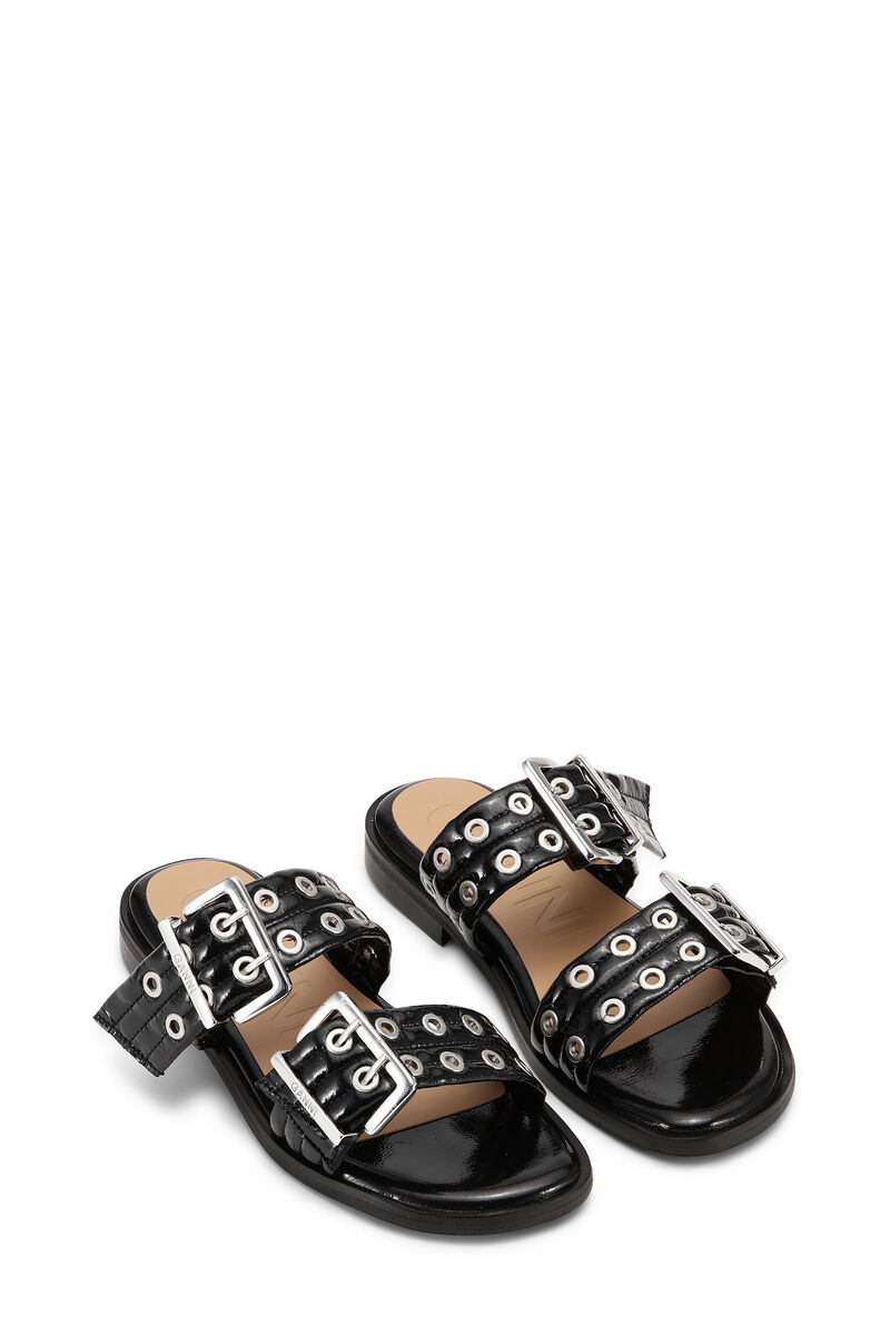 Black Feminine Buckle Two-Strap Sandals, Cotton, in colour Black - 2 - GANNI