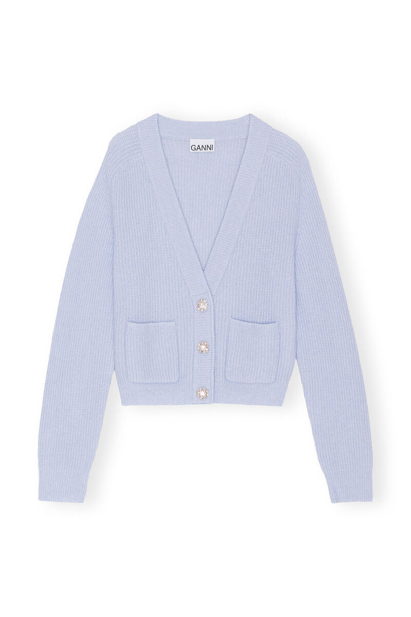 Soft Wool Cardigan , Alpaca, in colour Brunnera Blue - 1 - GANNI