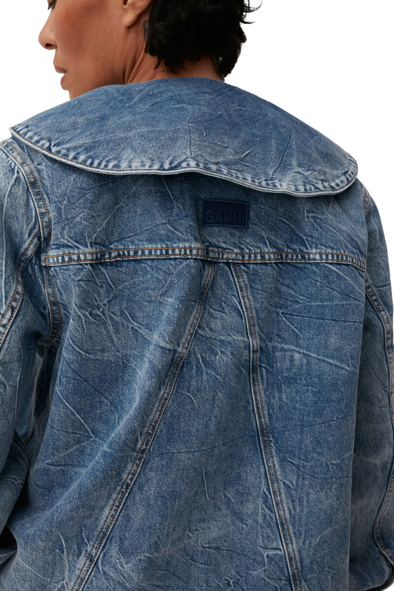 Oversized Crinkle Denim Jacket, Cotton, in colour Mid Blue Stone - 4 - GANNI