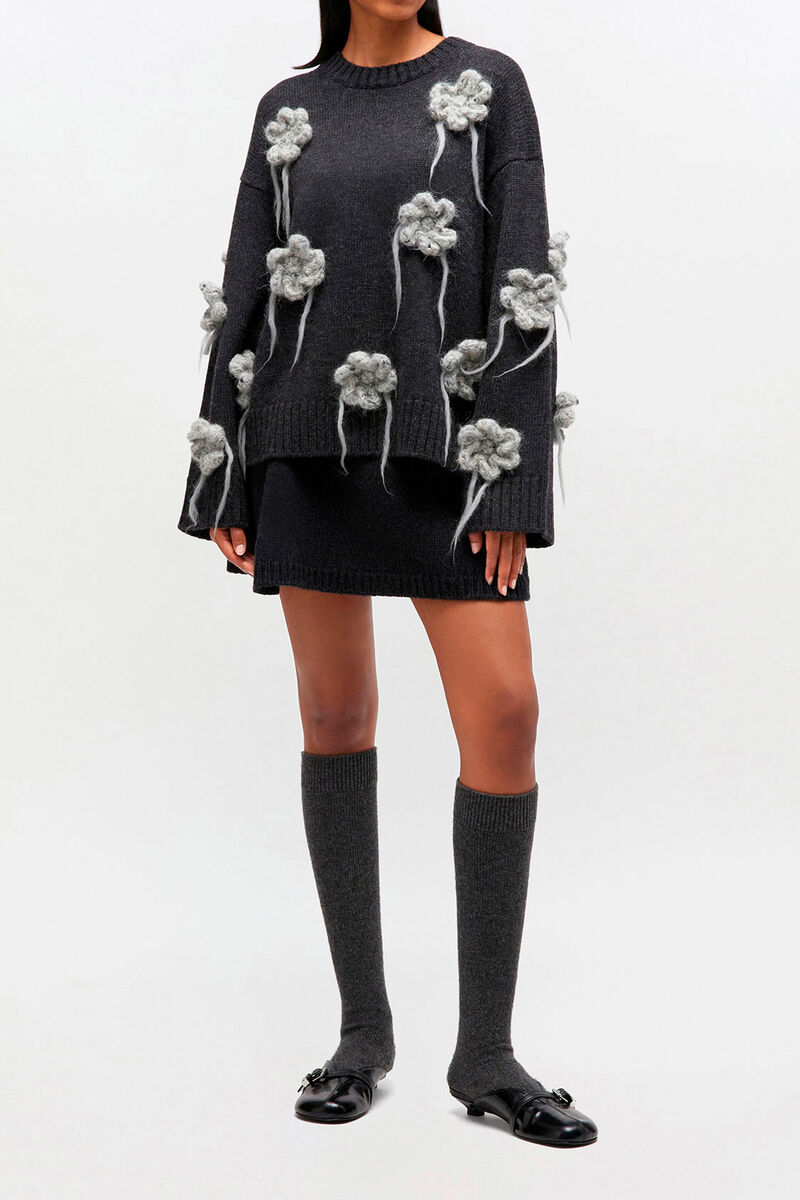 Dark Grey Flower Crochet Sweater, Wool, in colour Phantom - 2 - GANNI