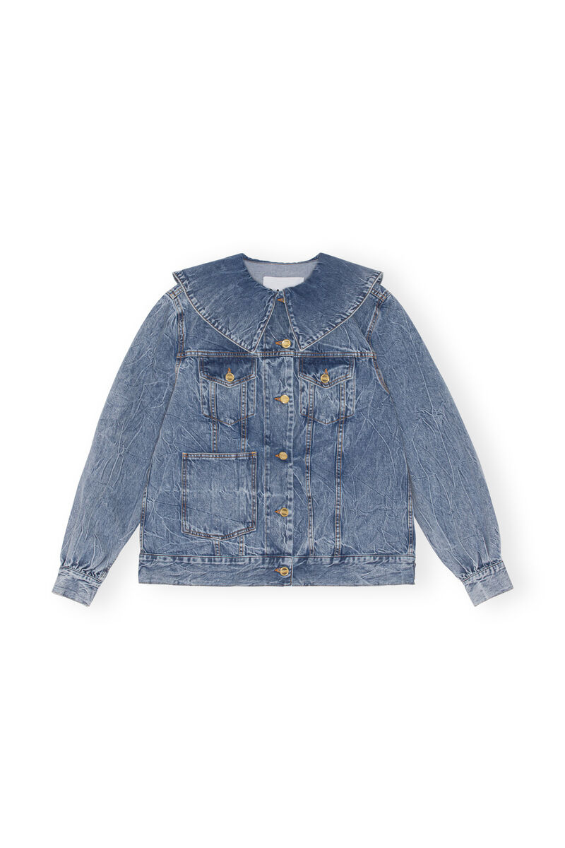 Oversized Crinkle Denim Jacket, Cotton, in colour Mid Blue Stone - 1 - GANNI