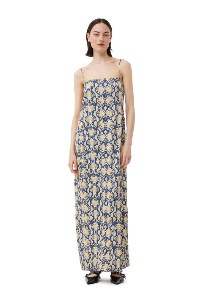 가니 원피스 GANNI Snake Printed Crinkled Satin Midi Slip Dress,Safari