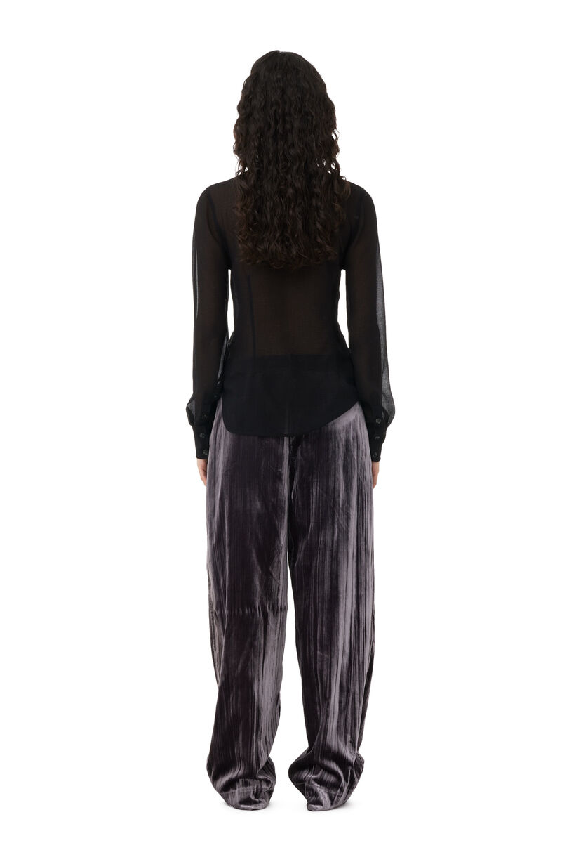 Grey Striped Velvet Relaxed Pleated byxor, Elastane, in colour Phantom - 2 - GANNI