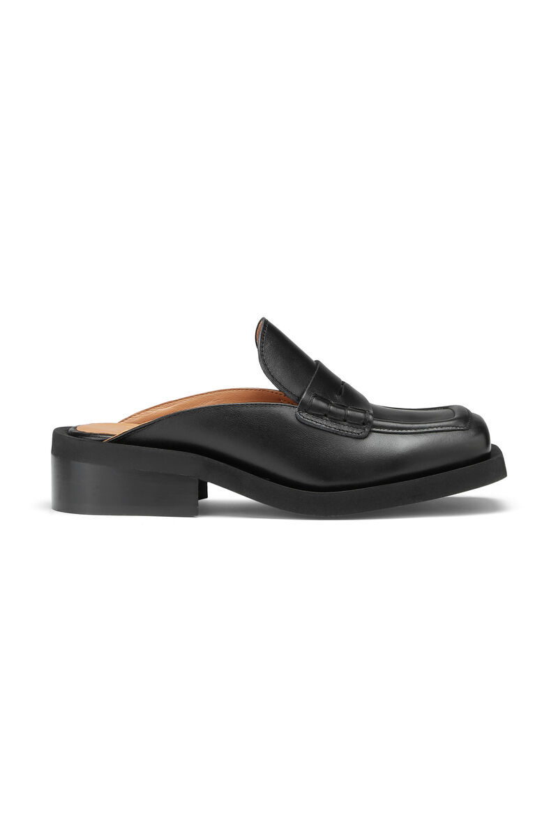 Loafers utan rygg med fyrkantig tå, Leather, in colour Black - 1 - GANNI