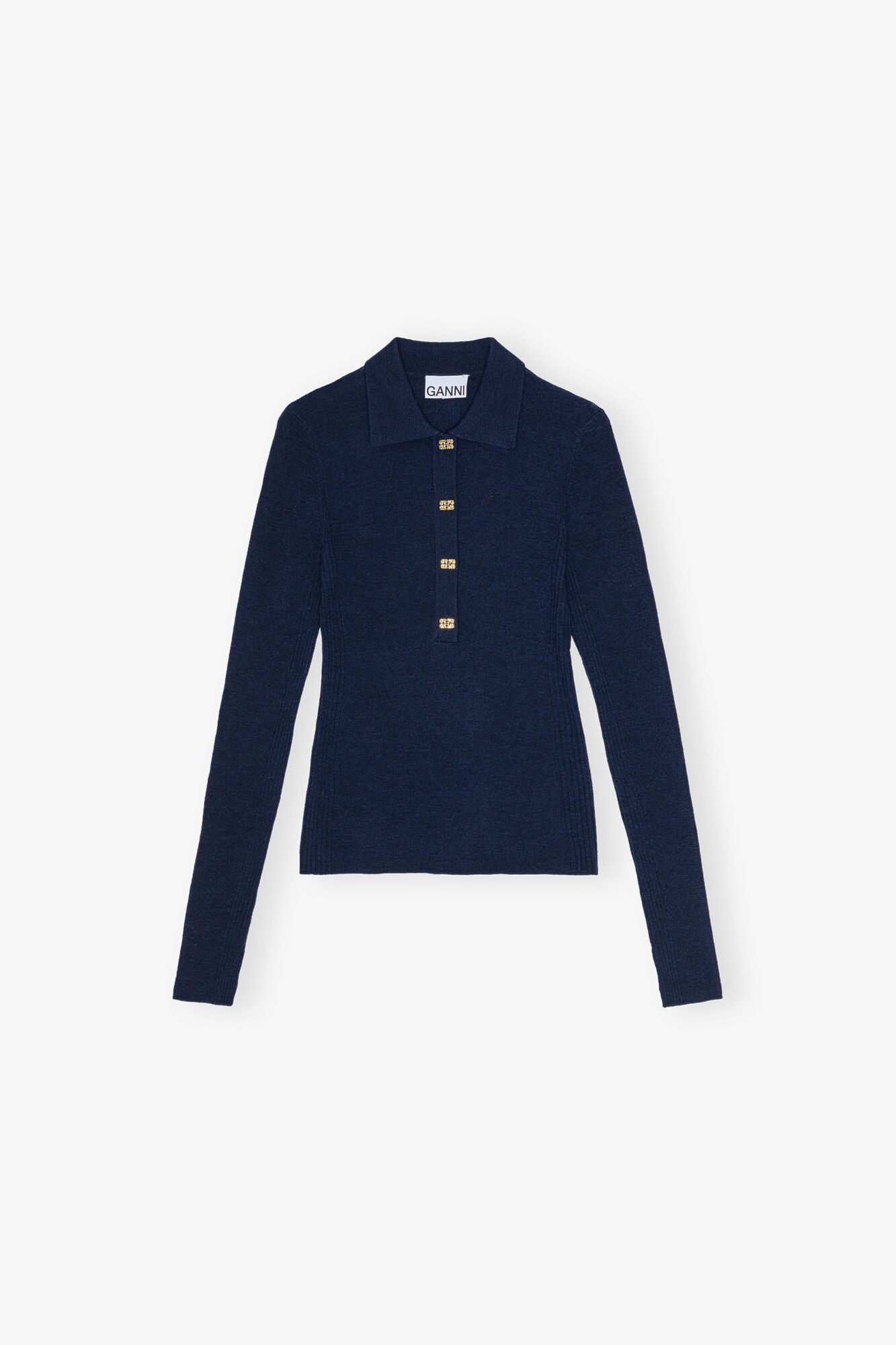 Dark Blue Knitted Polo Hemd, Merino Wool, in colour Sky Captain - 1 - GANNI