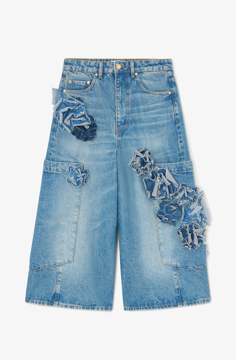 Baggy Cropped Jeans in Flower Print Denim, Organic Cotton, in colour Mid Blue Stone - 1 - GANNI
