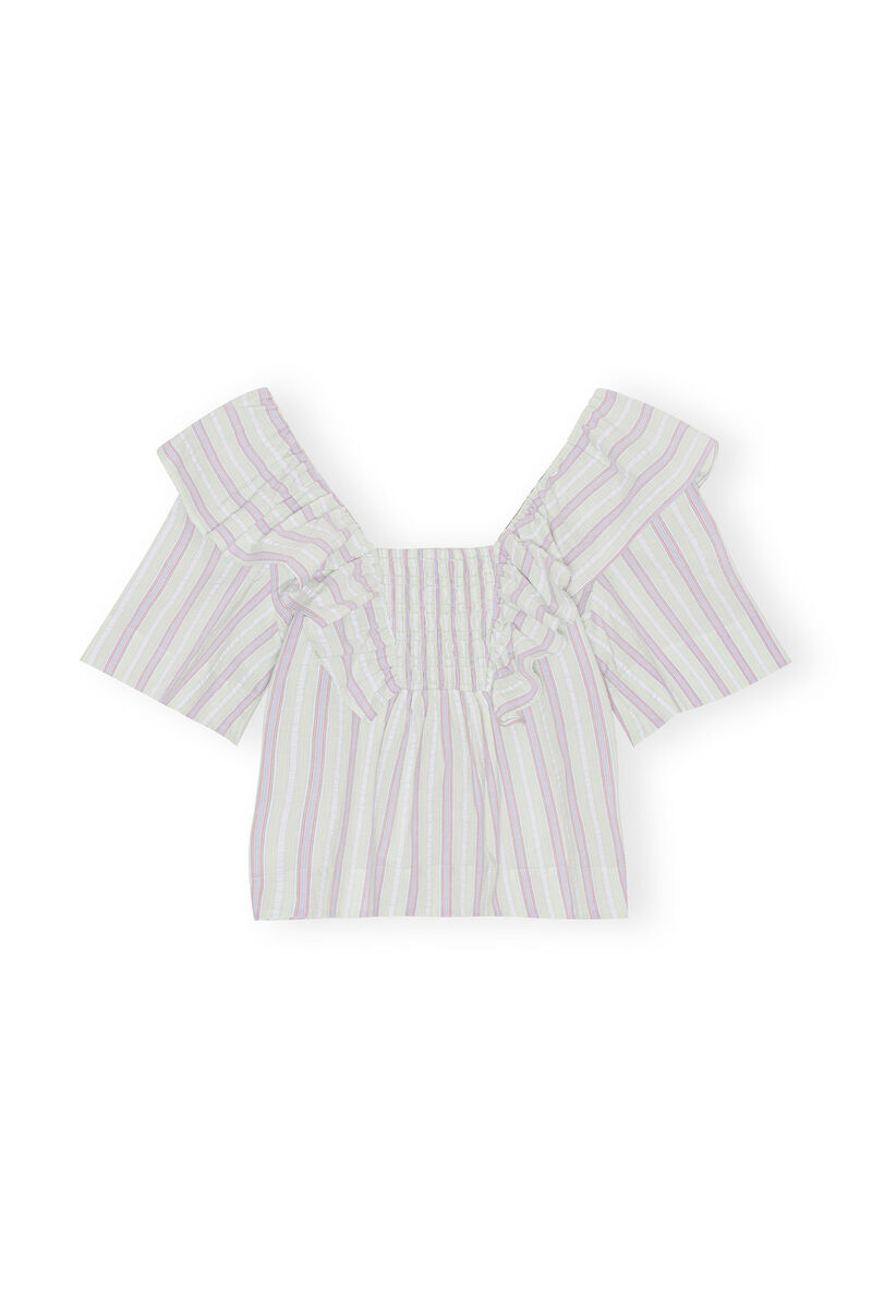 Striped Seersucker blus med krås, Elastane, in colour Mauve Chalk - 2 - GANNI