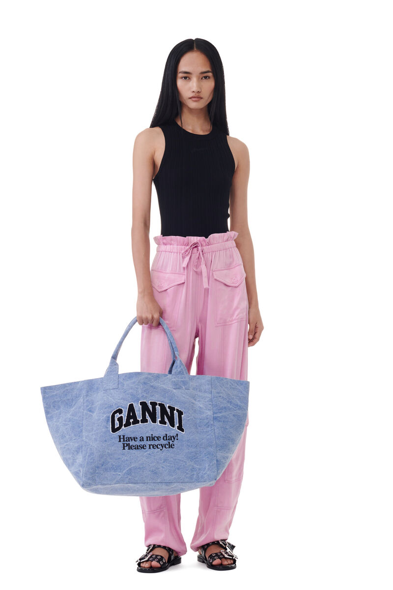 Blue Oversized Canvas Tote Bag, Recycled Cotton, in colour Light Blue Vintage - 1 - GANNI
