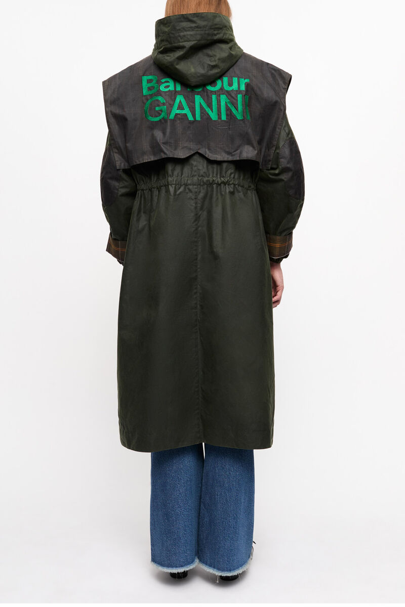 GANNI x Barbour Waxed Parka Jacket, Organic Cotton, in colour Dark Green - 2 - GANNI