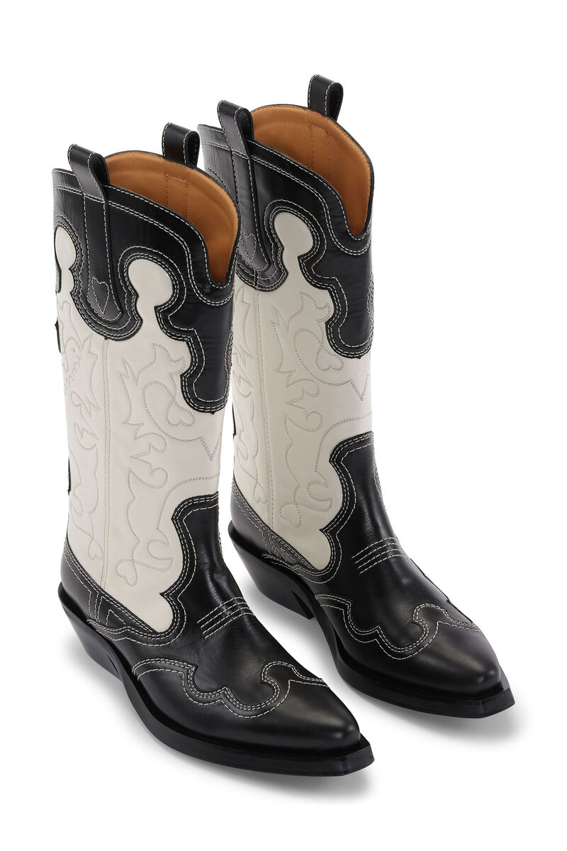 Monochrome Mid Shaft Embroidered Western Boots, Calf Leather, in colour Black/Egret - 3 - GANNI