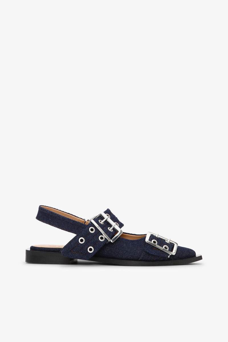Denim Feminine Buckle Ballerinas, Recycled Cotton, in colour Dark Navy - 1 - GANNI