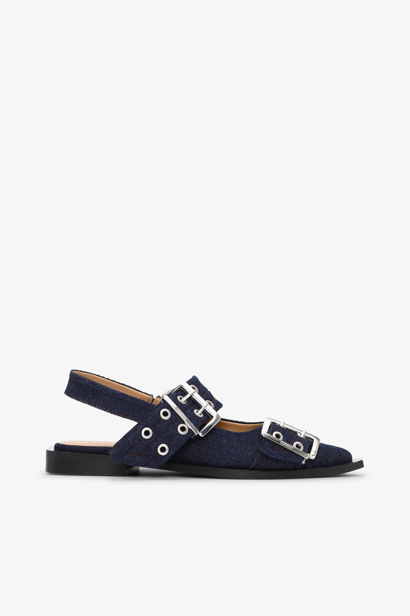 Denim Feminine Buckle Ballerinas, Recycled Cotton, in colour Dark Navy - 1 - GANNI