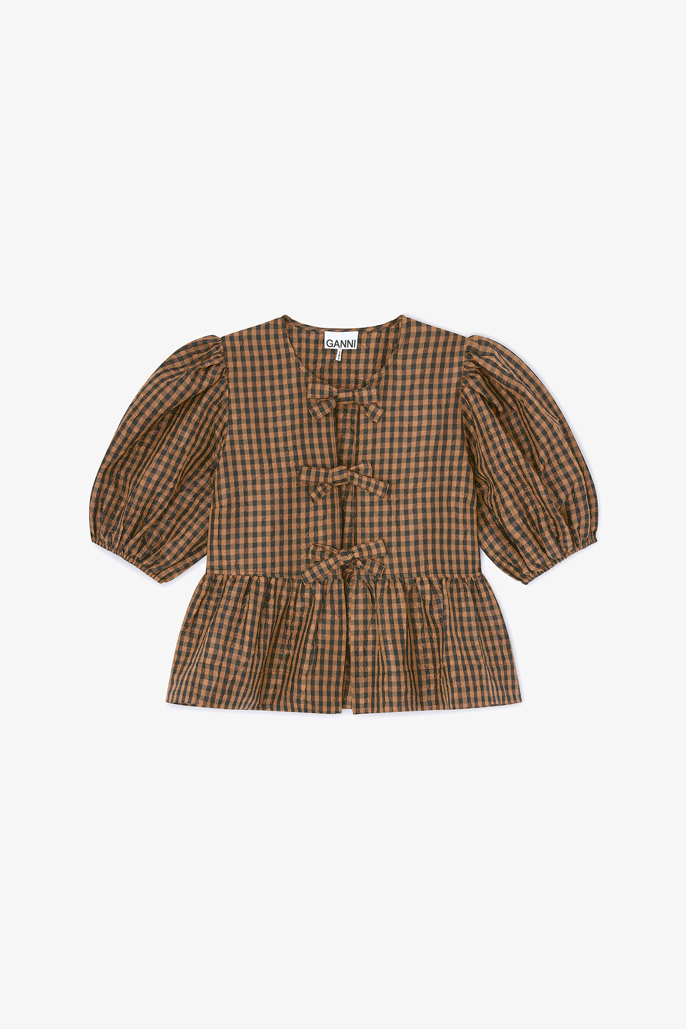 【GANNI】新品タグ付き刺繍ブラウス Tobacco Brown クリンクルチェックのブラウス | GANNI (Global)