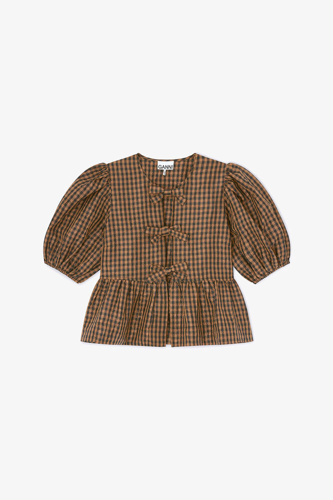 Crinkled Check Blouse, Tobacco Brown