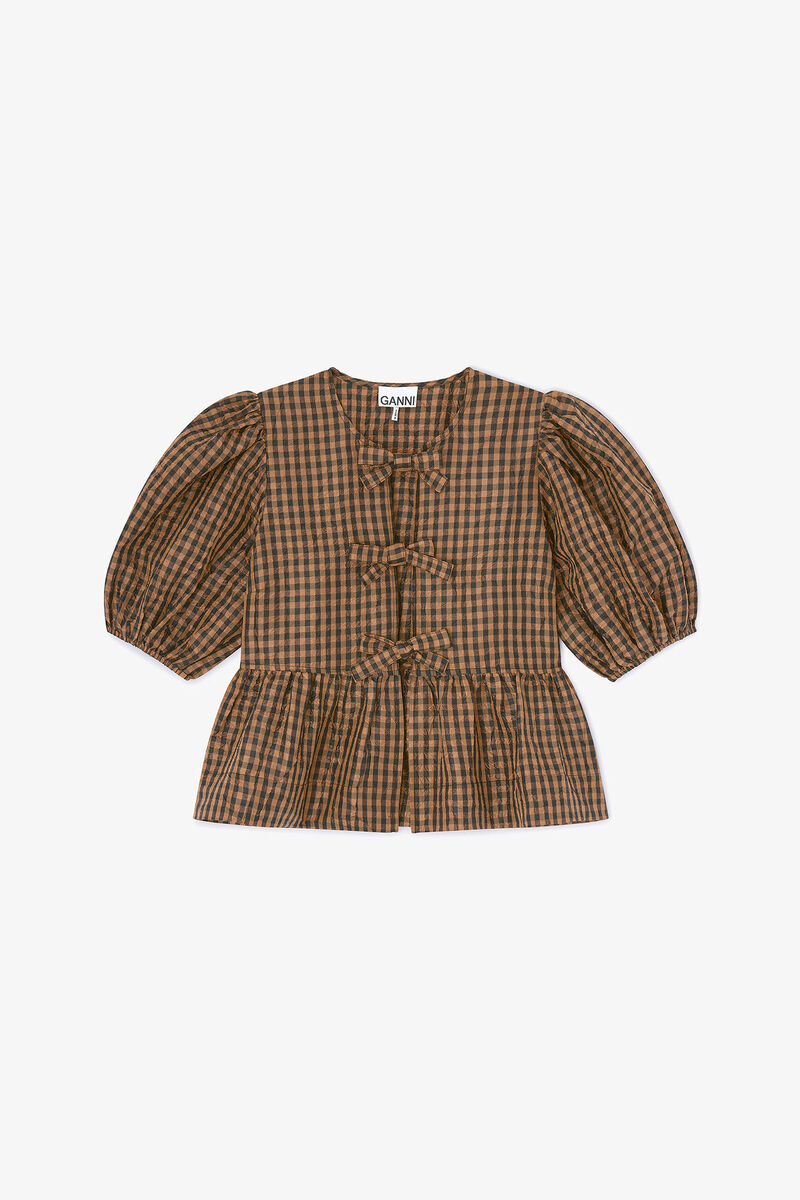 Crinkled Check Blouse, Recycled Polyester, in colour Tobacco Brown - 1 - GANNI