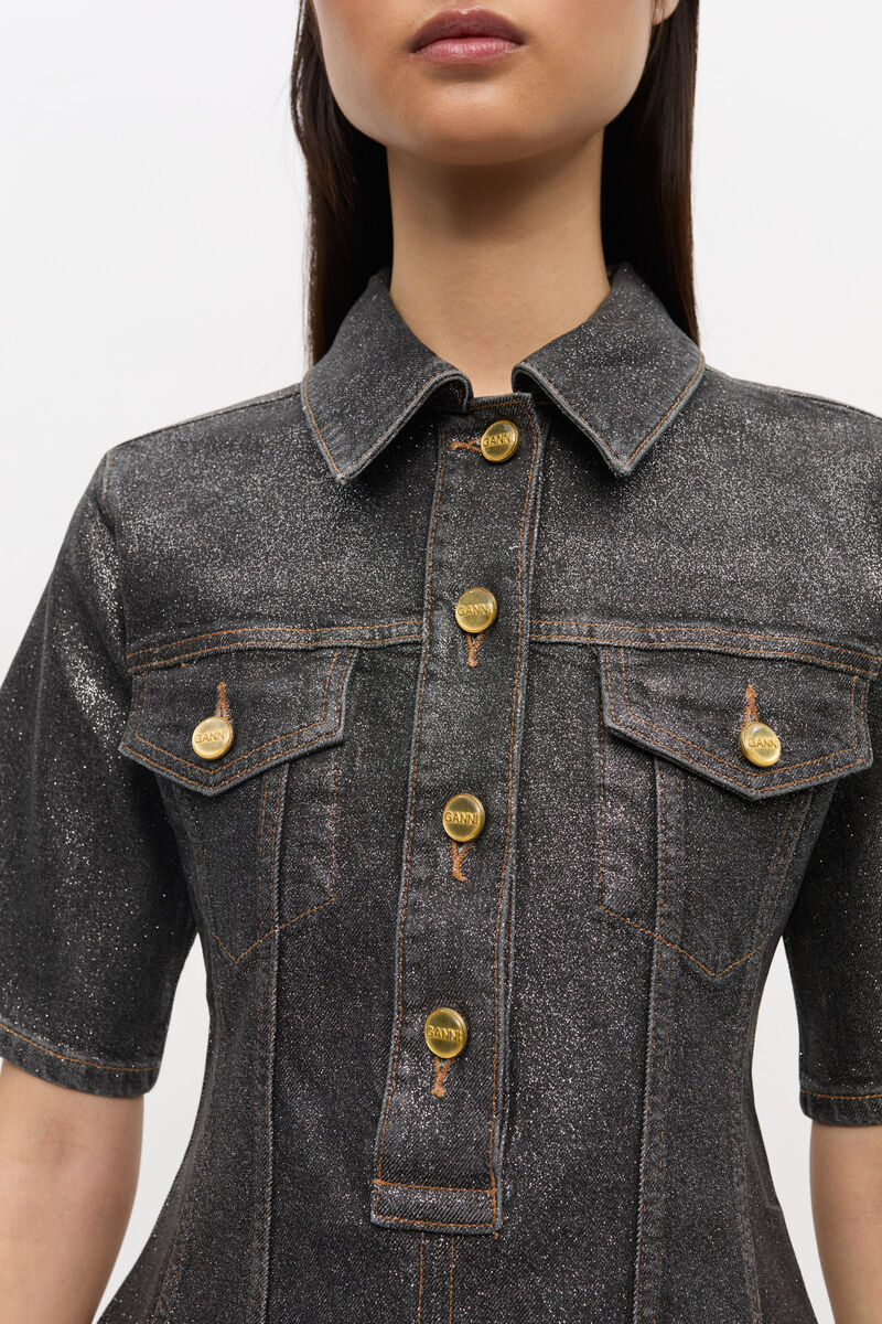 Shimmery Foil Denim Mini Dress, Cotton, in colour Washed Black/Black - 3 - GANNI