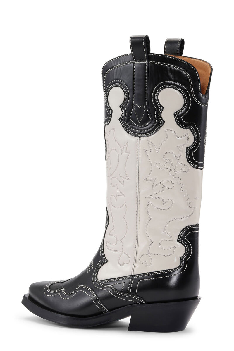 Monochrome Mid Shaft Embroidered Western Boots, Calf Leather, in colour Black/Egret - 2 - GANNI