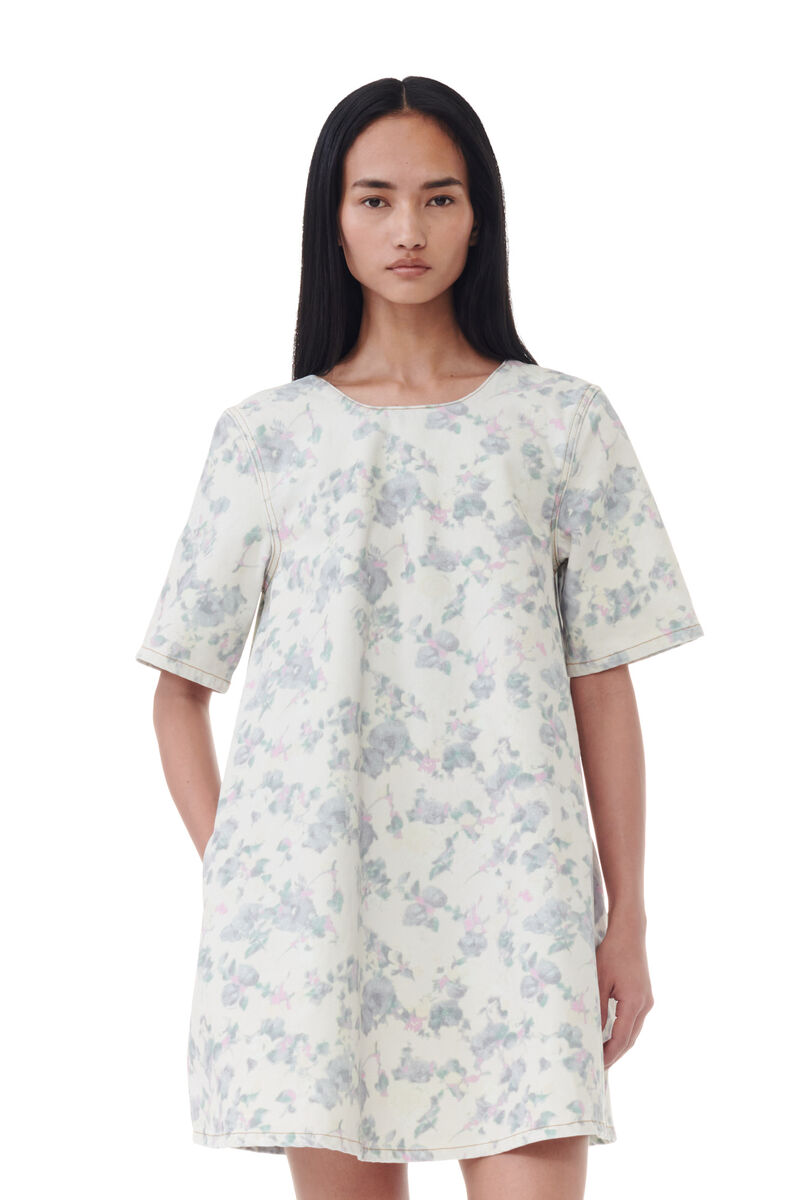 Floral Printed Denim Open Back miniklänning, Cotton, in colour Tofu - 2 - GANNI