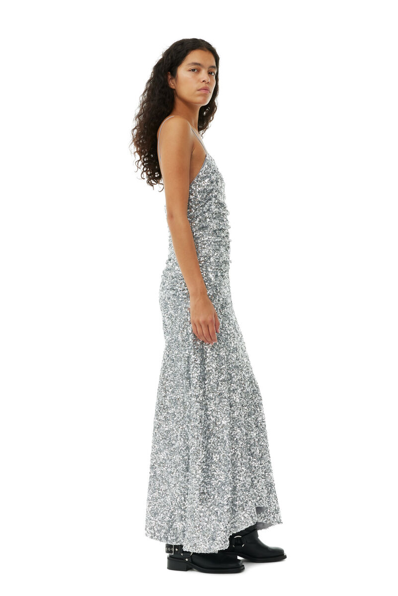 3D Sequins Long Slip Kleid, Elastane, in colour Silver - 3 - GANNI