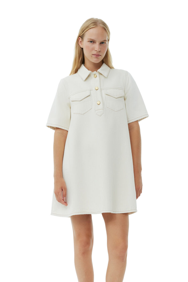 Weißes Mini-Kleid aus schwerem Denim, Cotton, in colour Egret - 2 - GANNI