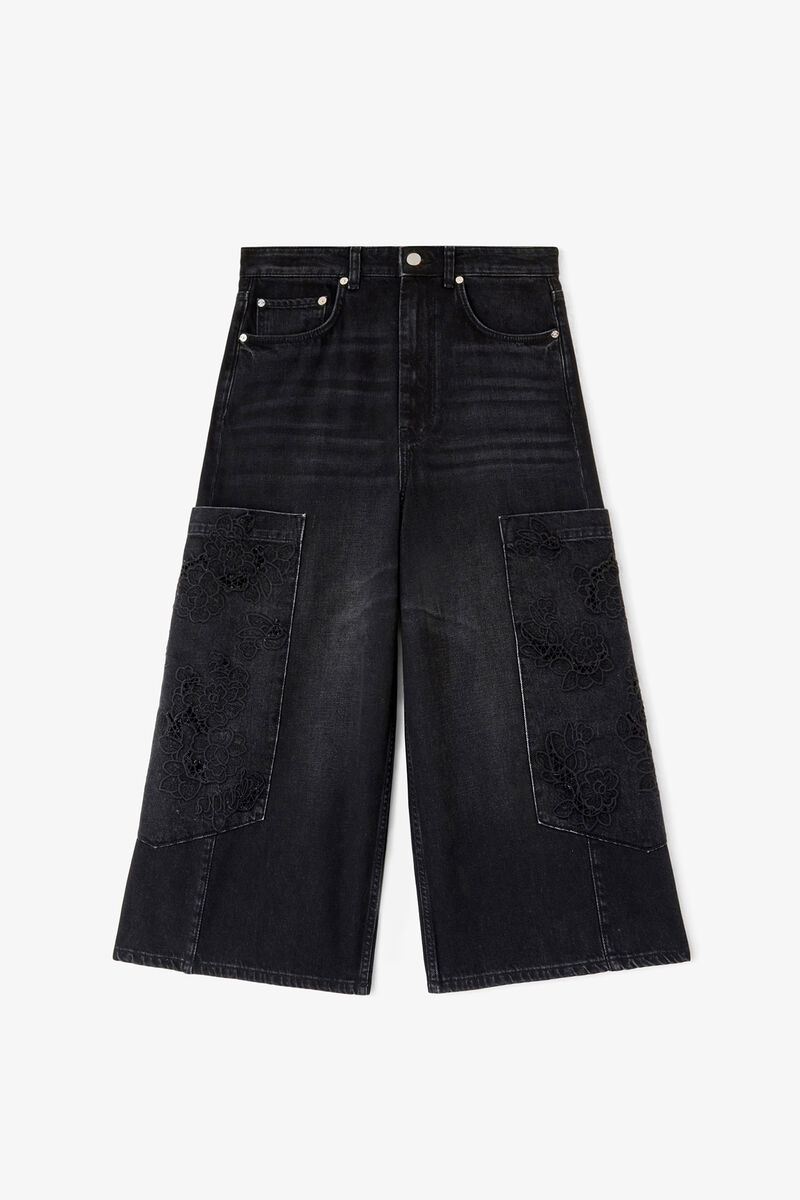 Cropped Cargo Jeans in Black Denim, Organic Cotton, in colour Black Washed - 1 - GANNI
