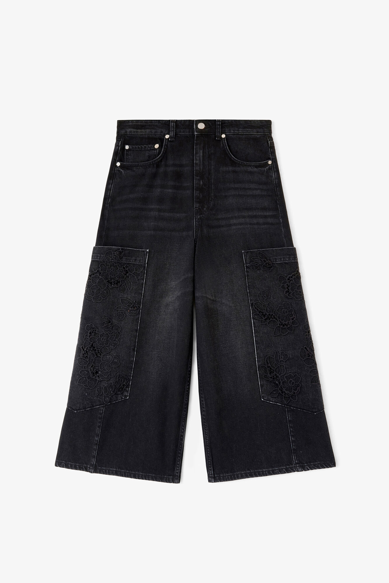 Cropped Cargo Jeans in Black Denim, Organic Cotton, in colour Black Washed - 1 - GANNI
