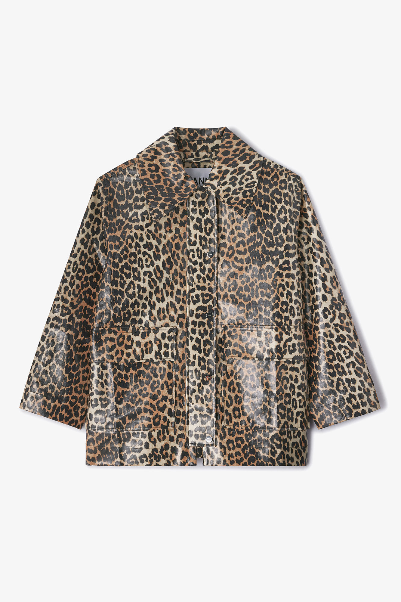 Almond Milk Leopard Laminated Cotton Jacket | GANNI US