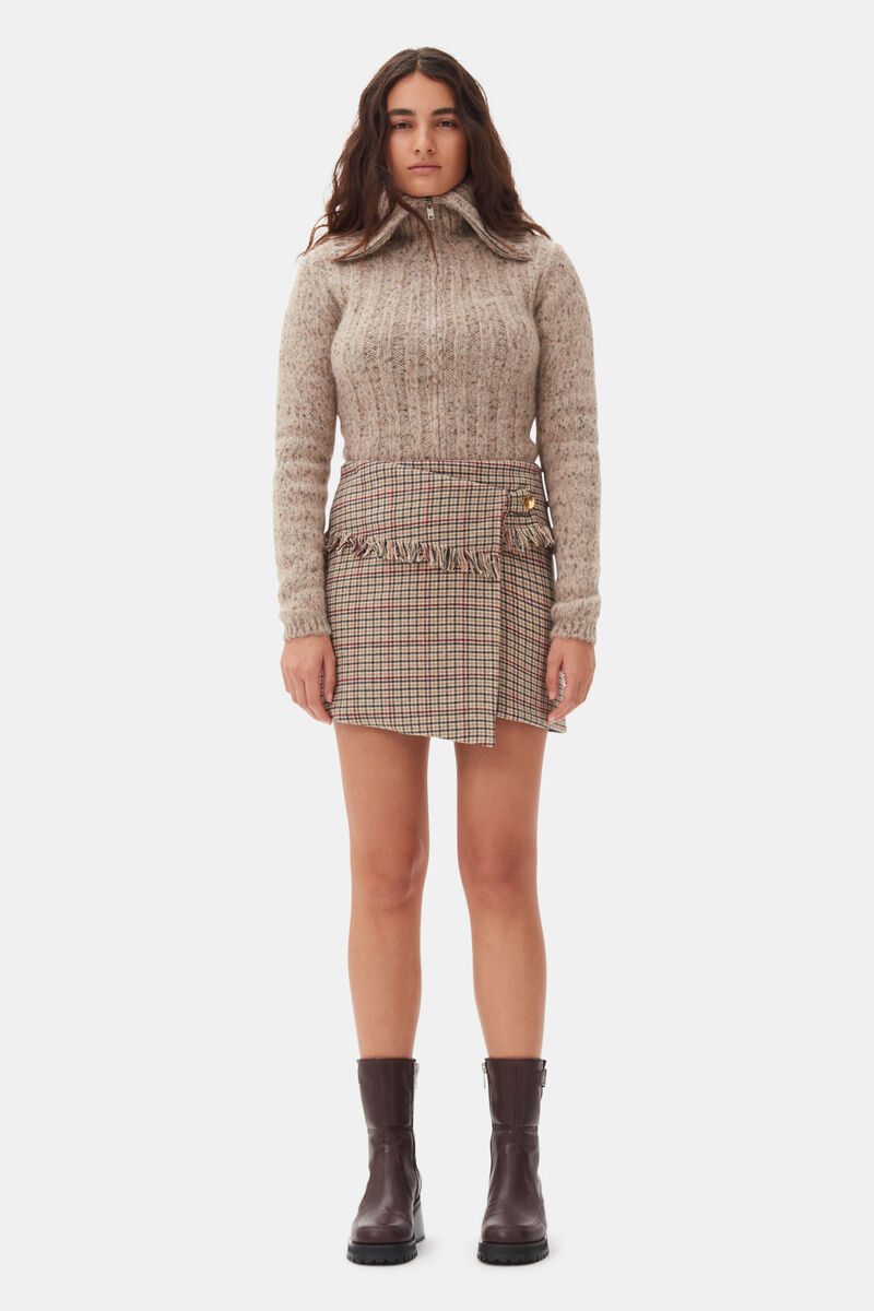 Brown Highneck Zip Cardigan, Alpaca, in colour Safari - 2 - GANNI