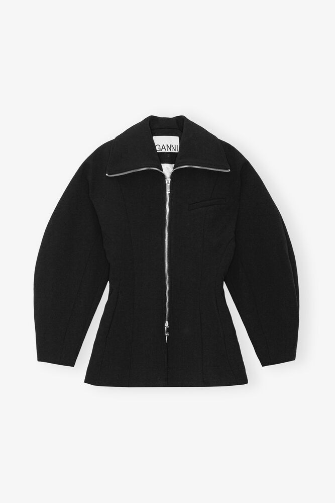 Black Bonded Crepe Curve Sleeve Jacket, Black